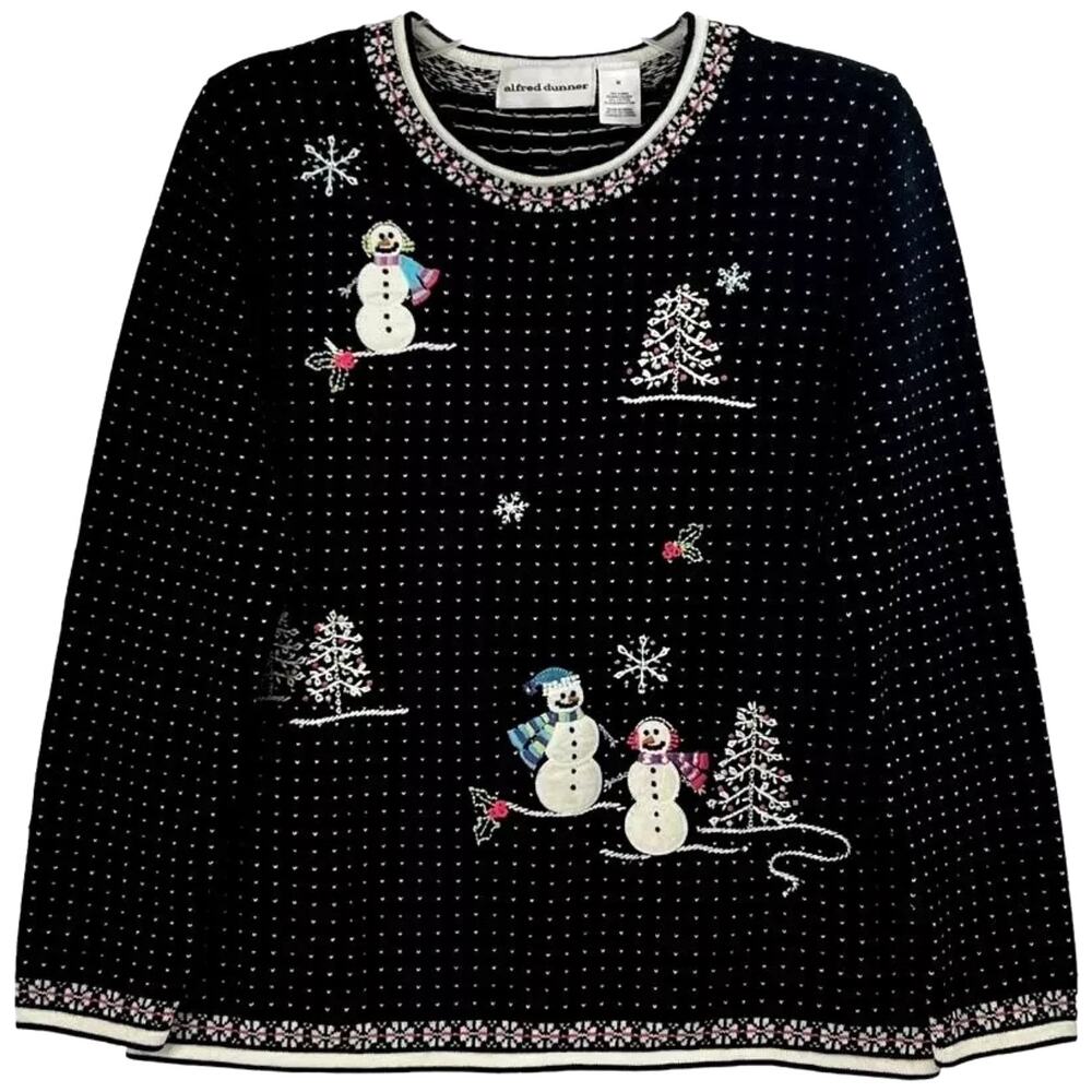 Alfred Dunner Vintage Snowman Embroidered Holiday Sweater M Black Ramie Cotton